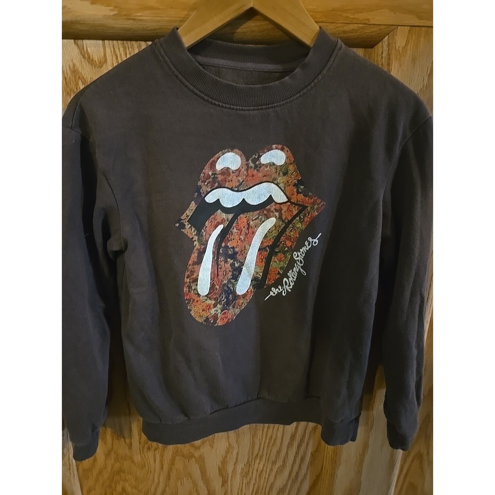 Rolling Stones Sweatshirt Brown Gray Kids Large L Floral Tongue Rock N Roll